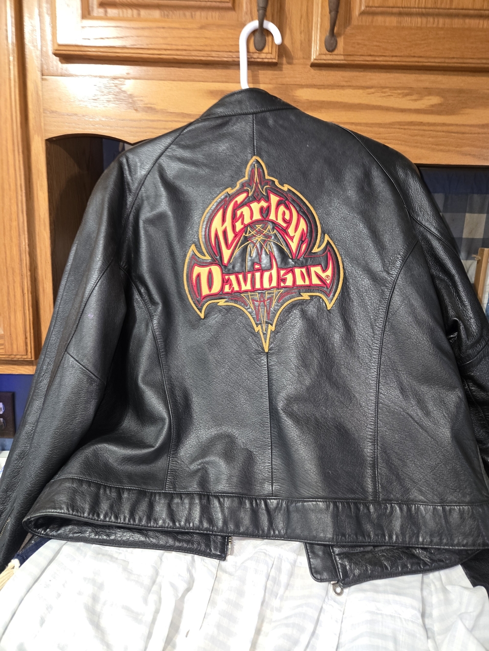 Harley-Davidson Black Leather Biker Jacket with Red & Gold Back Patch